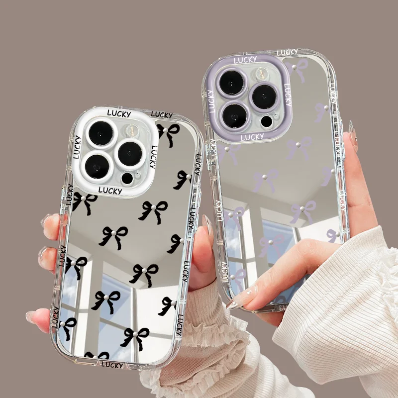 Lazo de mariposa de lujo para Apple IPhone 16 15 Pro Max funda de teléfono con espejo de maquillaje para IPhone 11 12 13 14 Pro fundas de cojín de aire