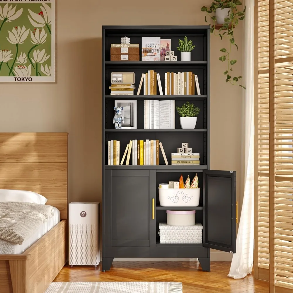 71 خزانة كتب معدنية وأرفف كتب مع بابين و4 أرفف قابلة للتعديل، وخزانة تخزين سوداء طويلة، وشاشة صناعية حديثة مفتوحة