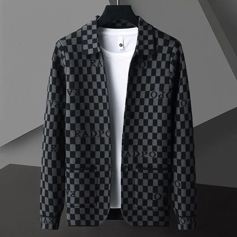 Smart Casual English Elements Plaid Panelled Turn-down Collar New Men Coat Fashion Casual Knit Loose Pockets Cardigan Jacket