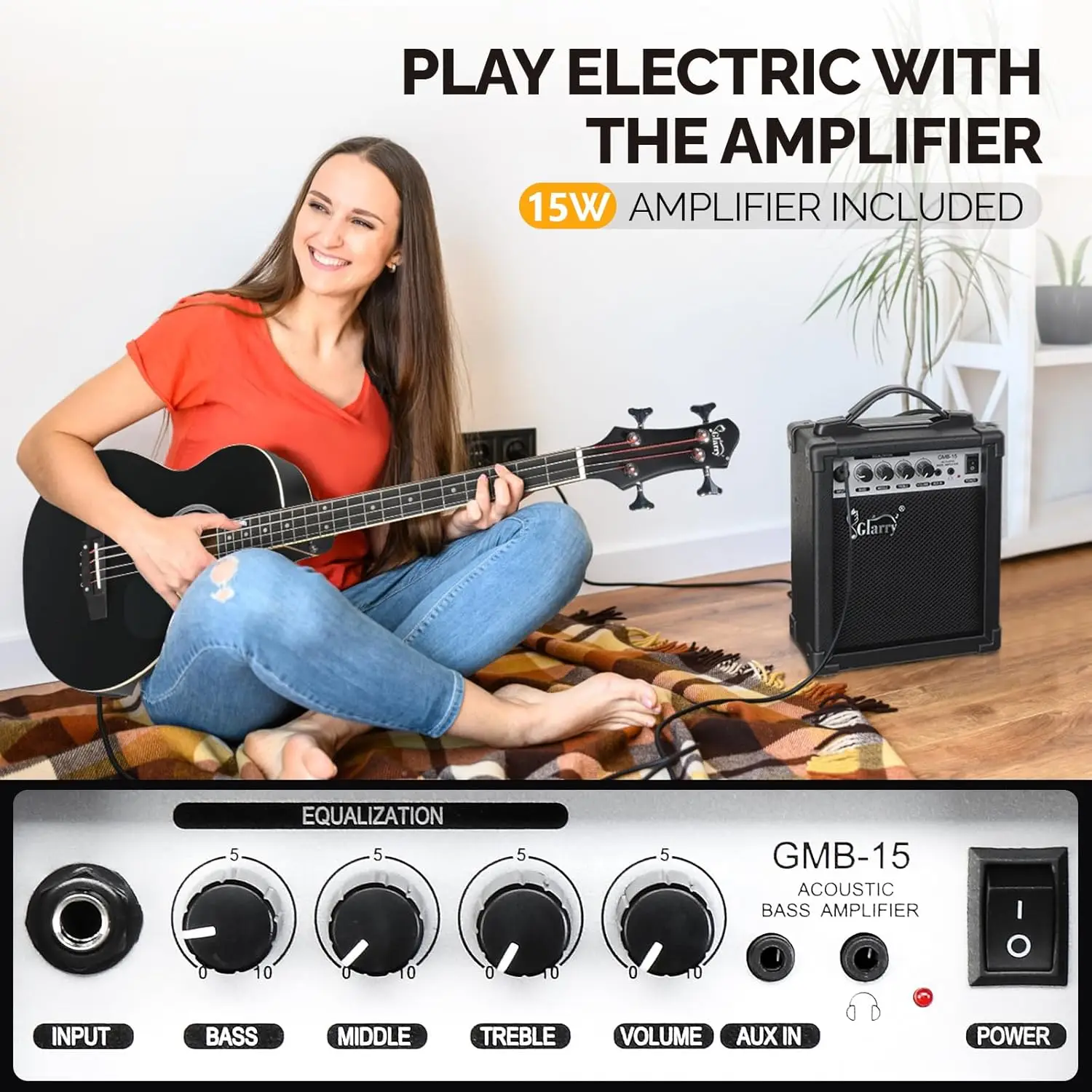 Acoustic Electric Bass Guitar Beginner Kit Full Size with 15W Amp, Cutaway 4-String Bass w/ Built-in Tuner, Includes Gig Bag, Strap, Picks, Extra Strings, Matte Black Finish view 4