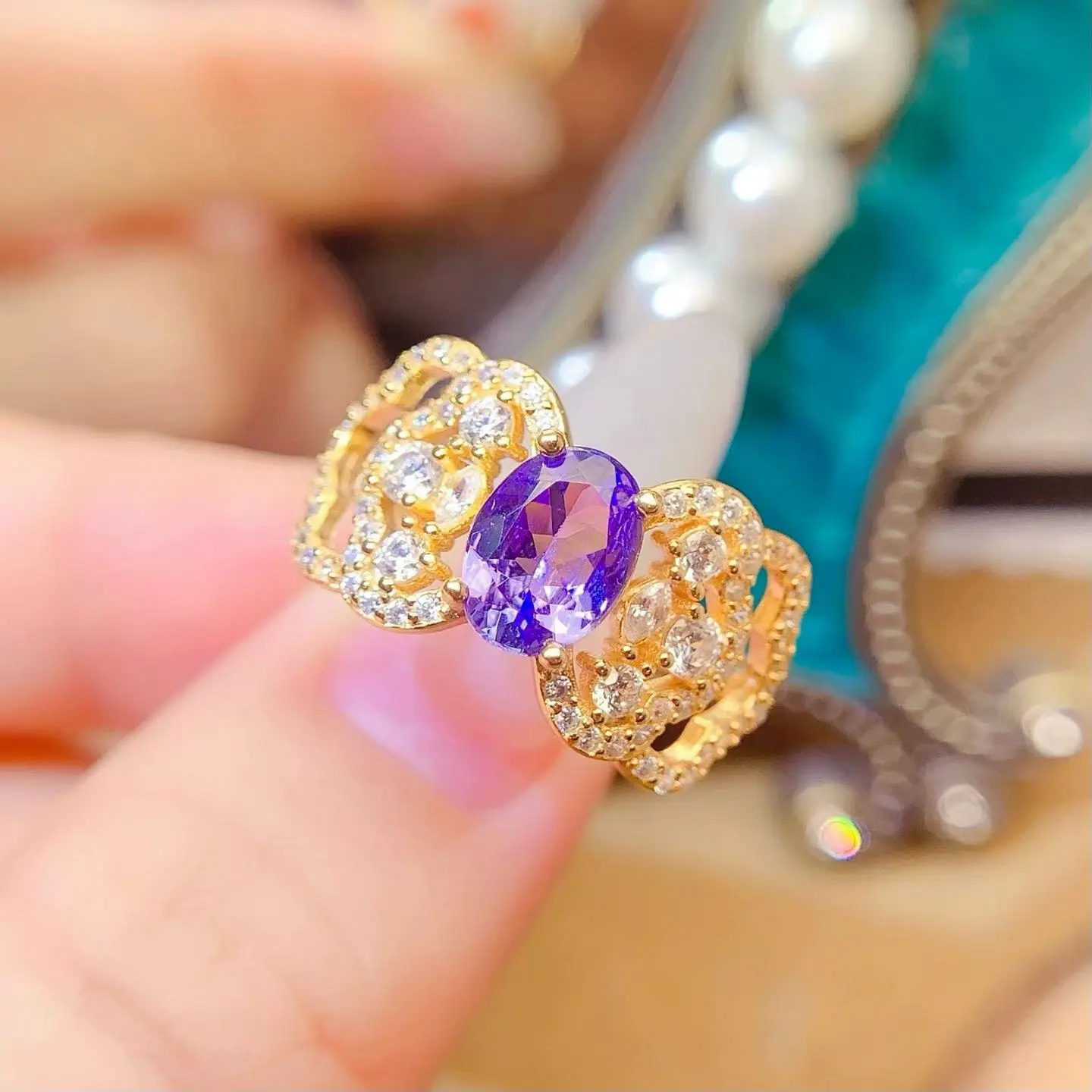 925 Silver Natural Tanzanite Ring Certified Fine Jewelry Gold Plated Oval Solitaire Openwork Pave Statement Gemstone Ring