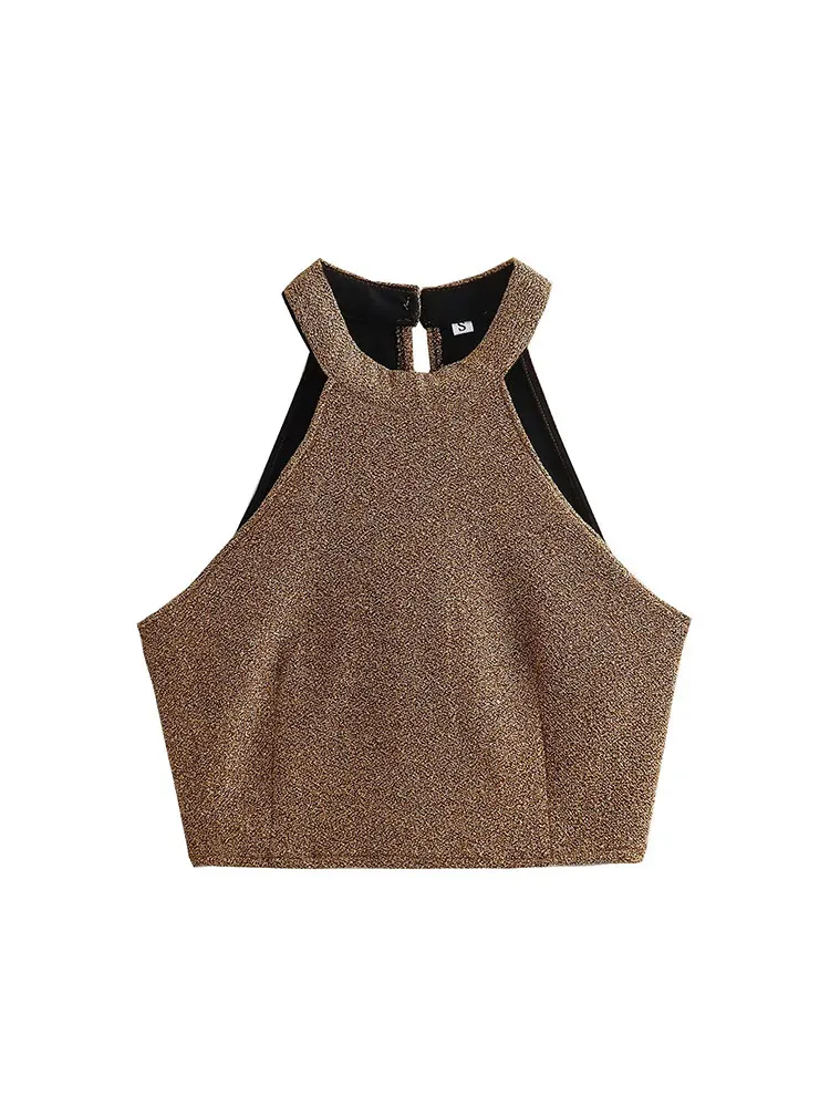 TRAF 2024 Spring Autumn New Vintage Coffee Round Neck Sleeveless Knitted Tank Top+Tight Wrap Hip A-line Half Skirt 2 Piece Set