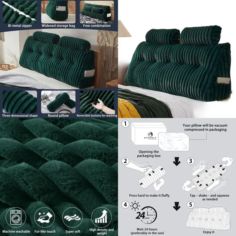 

Зеленая плюшевая подушка из искусственного меха размера «queen-size» с двумя рулонами для шеи, мягкая и поддерживающая, съемный чехол