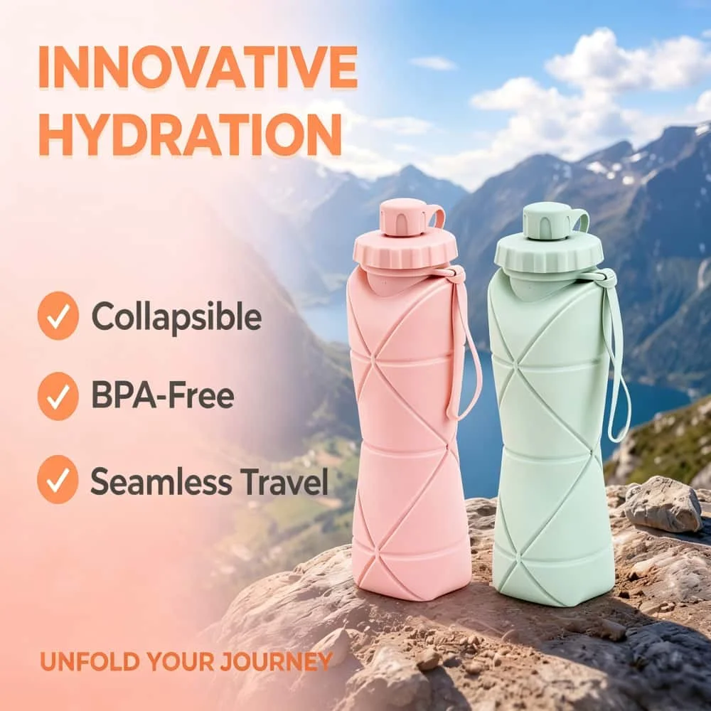 Lebensmittelechte Silikon-Faltflasche 600ml Auslaufsicher Zusammenklappbar Tragbar für Reisen und Sport Hitzebeständiger Trinkbecher