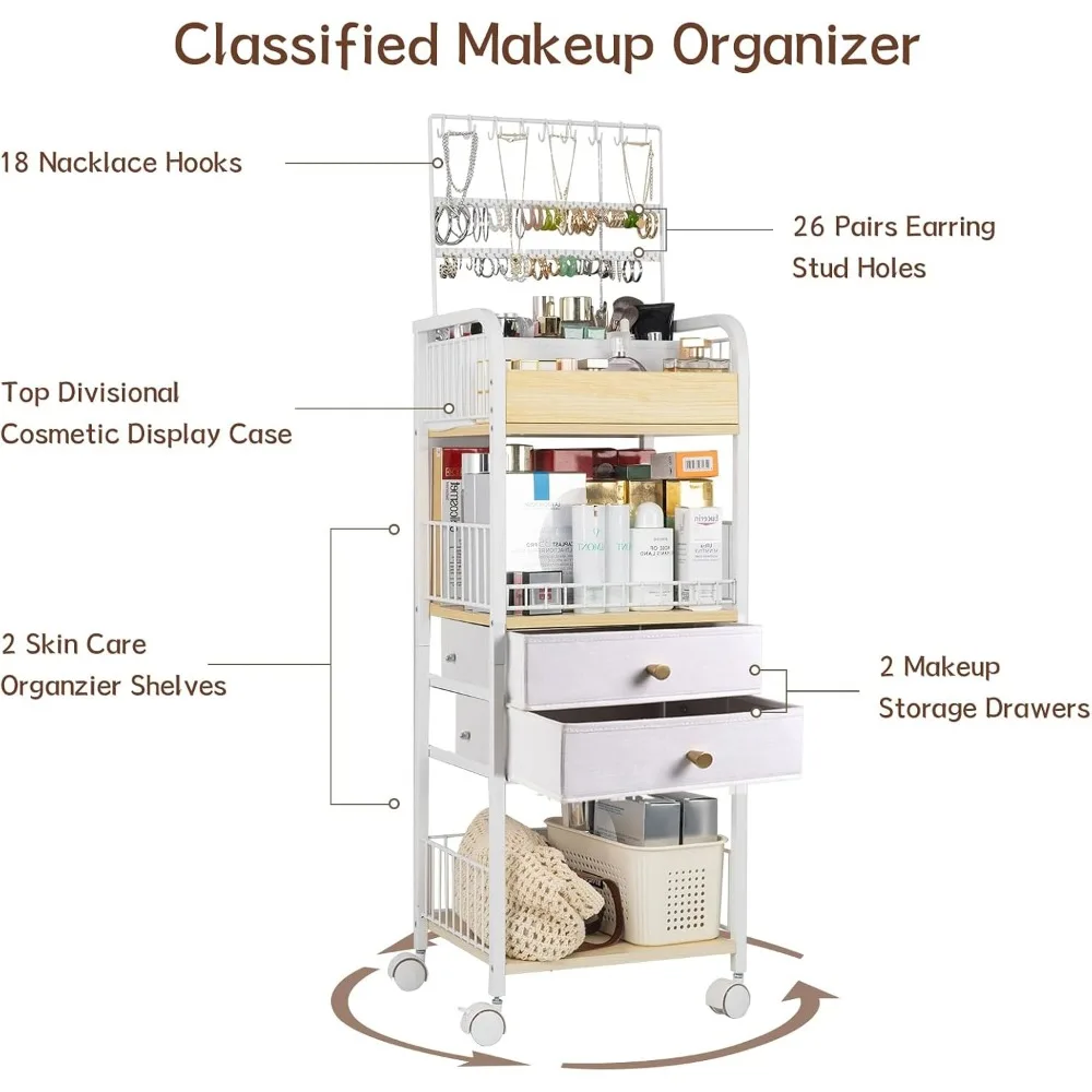 Floor Cosmetic Organizer with Drawers and Jewelry Holder, Modern Vanity Storage for Skincare Makeup Tools