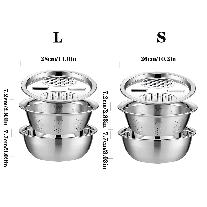 다기능 스테인레스 스틸 주방 강판 야채 슬라이서, 야채 커터, 배수 바구니 세트, 과일 배수 대야, 3 개
