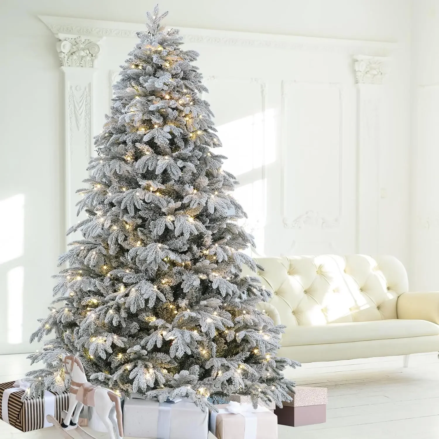 

7.5 ft Flocked Christmas Tree Prelit with 10 Functions Colorful Lights & 2700 Realistic Tips with Firm Metal Stand & 400 Lights