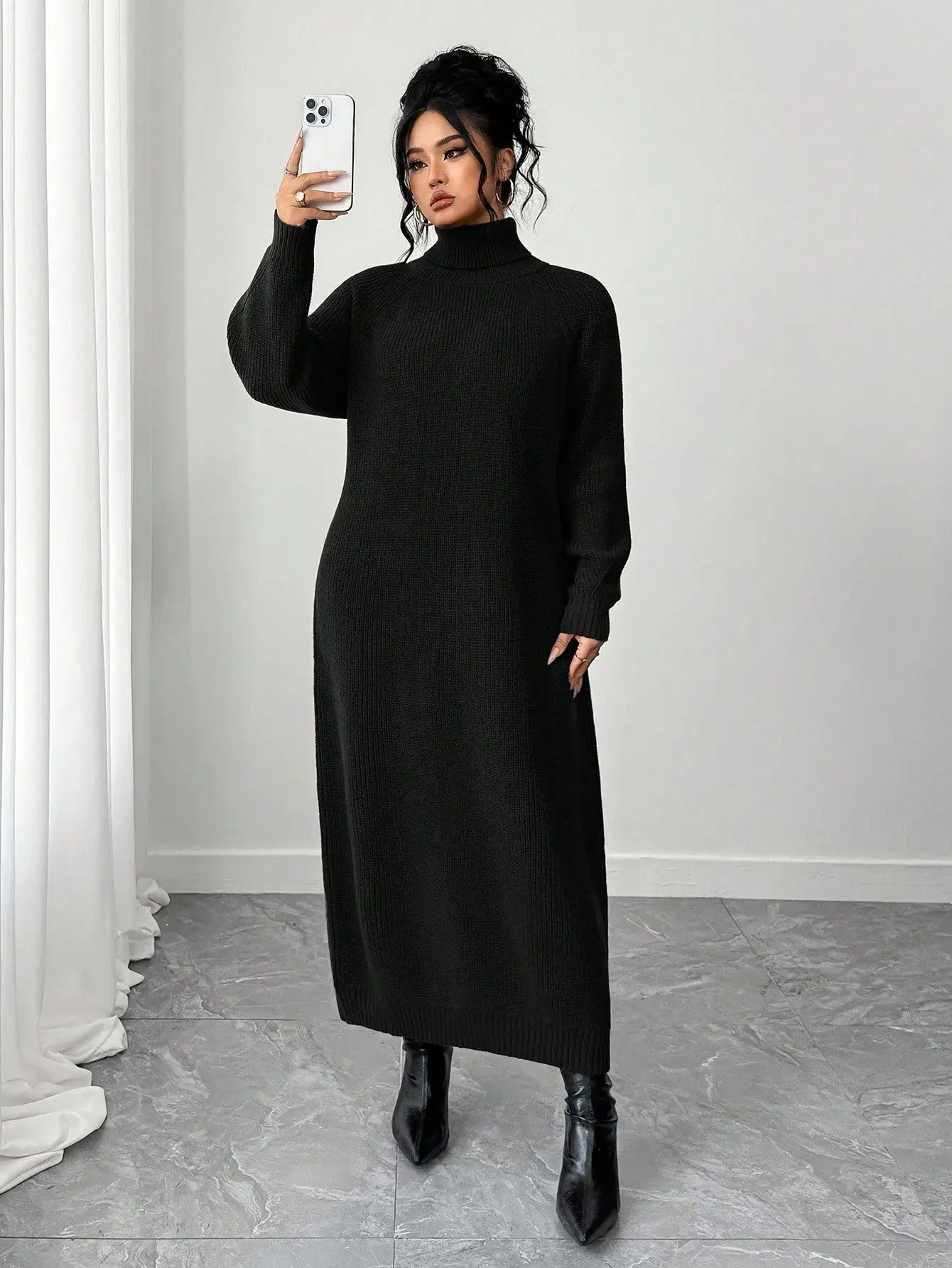 Übergrößes Lässiges Rollkragen-Raglanärmel-Pulloverkleid