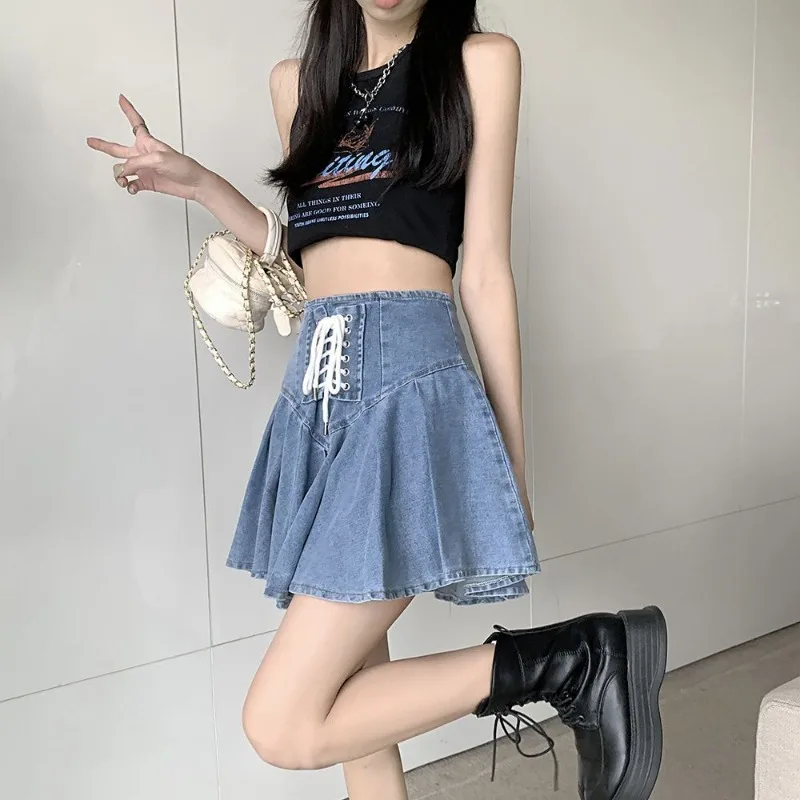 Bandage Denim Mini Skirt for Women Summer Fashion French Style  A-line Pleated Shorts Skirt Blue Vintage Clothing Y2k