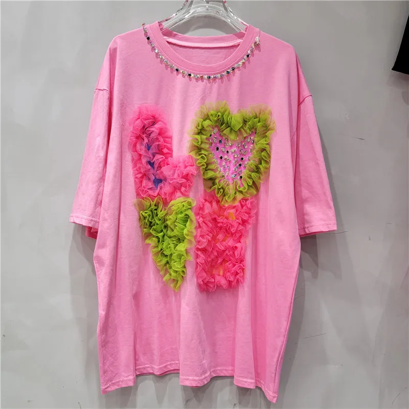 Heavy Industry Net Yarn Stitching Sweet Pink Short Sleeve T-shirt Women Summer New Stylish Loose Round Neck Beaded White Top