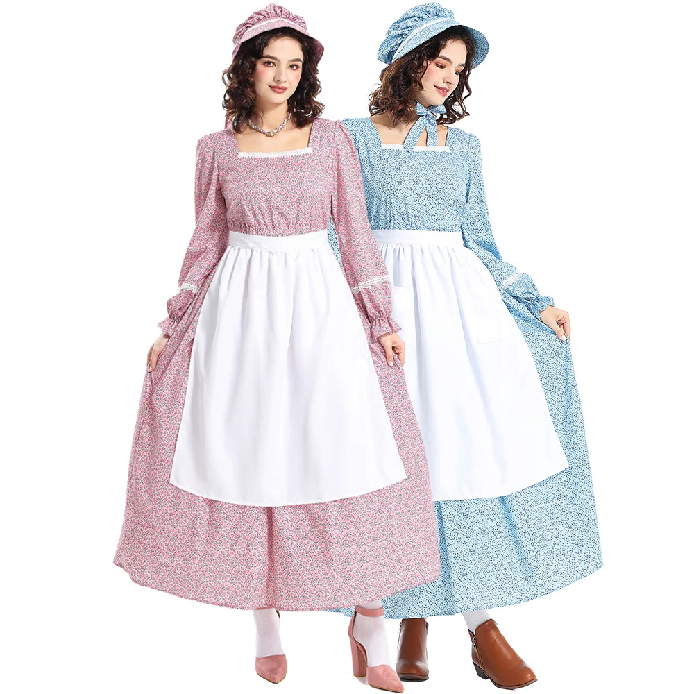 Medieval Renaissance Pastoral Floral Maid Dress Cosplay Costume Full Set Women Outfits Halloween Carnival Party Clothes Roleplay