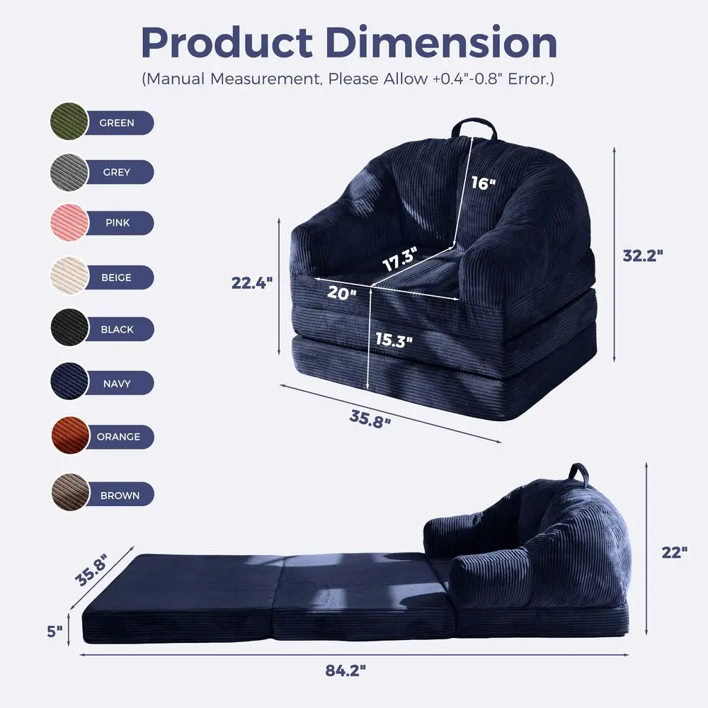 Folding Sofa Bed with Backrest, Boneless Fold Out Couch with Handle 2 in 1 Convertible Bean Bag Chair to Floor Sofa Lounger, Co