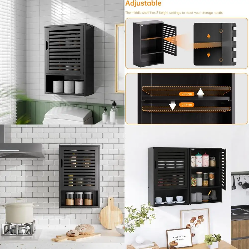 

Wall-Mounted Bamboo Medicine Cabinet with Adjustable Shelf, Over Toilet Organizer, Kitchen Cupboard, Single Door