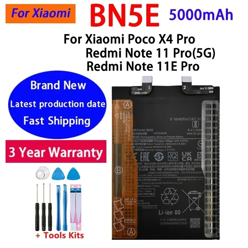 NEW High Quality BN5E Battery 5000mAh For Xiaomi POCO X4 PRO/Redmi Note 11 Pro/11E Pro 5G Phone Batteries Bateria Batterij+Tools