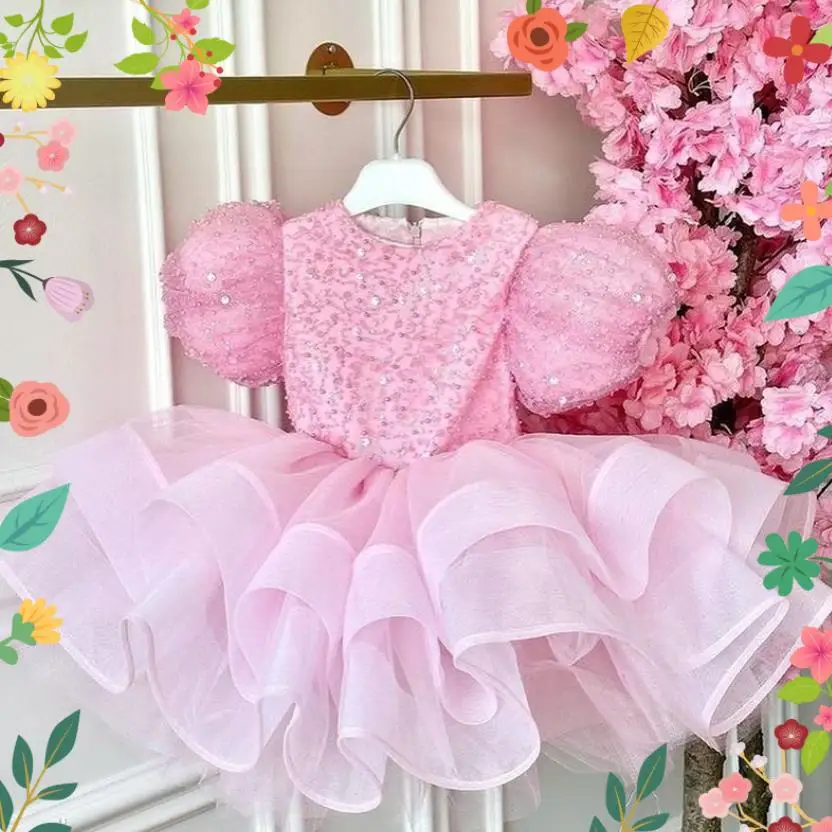 

High-End Children's Princess Evening Gown Sequin Puff Sleeve Design Kids Wedding Birthday Baptism Eid Party Girls Dresses A3461