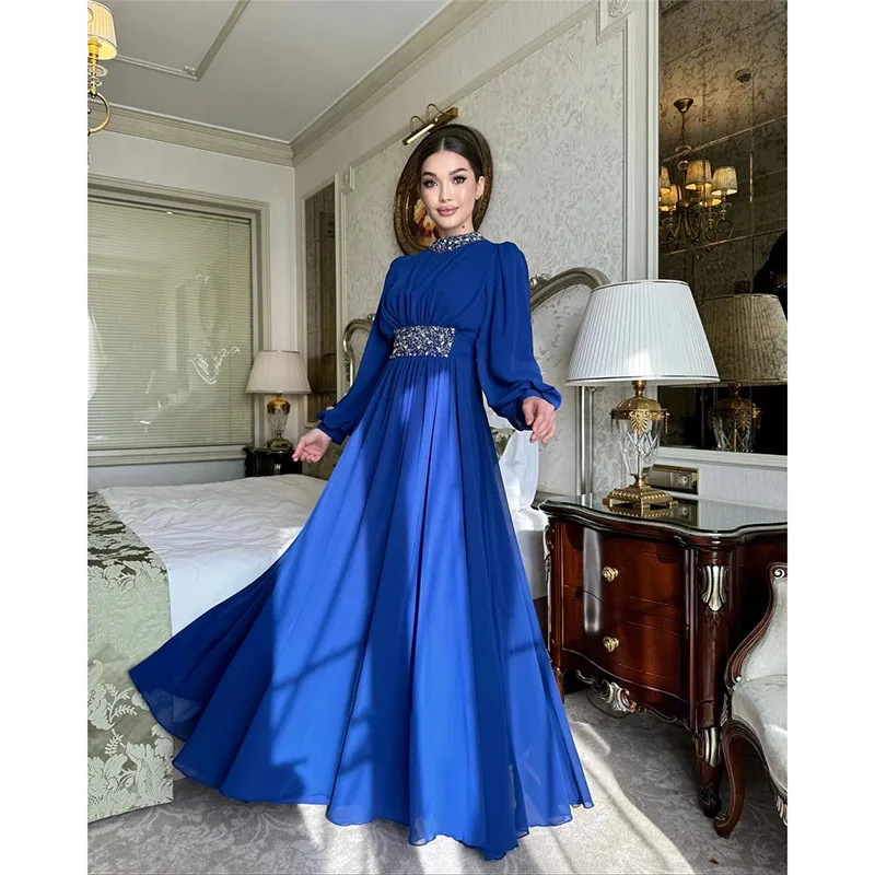 

Classy High Neck Formal Evening Dress A-line Chiffon Long Sleeve Prom Dress Saudi Arabia Floor-Length Customize Occasions Dress