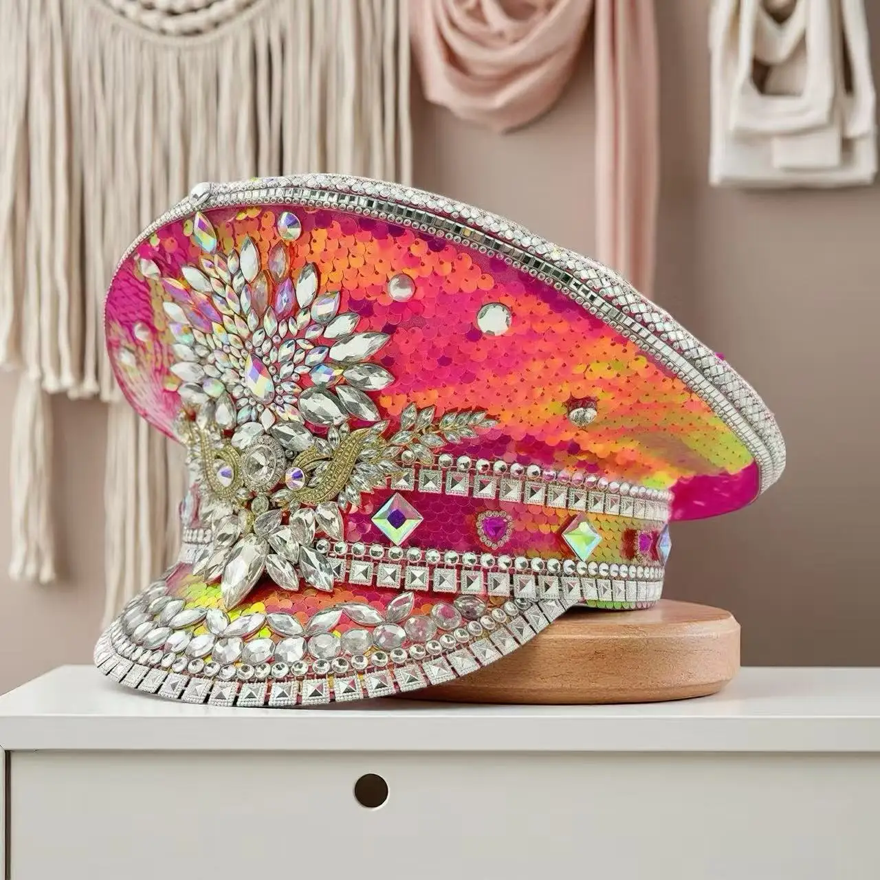 قبعة كابتن Steampunk من حجر الراين للنساء في مهرجان Burning Man، إكسسوارات عسكرية عتيقة وقبعة للرجال #1