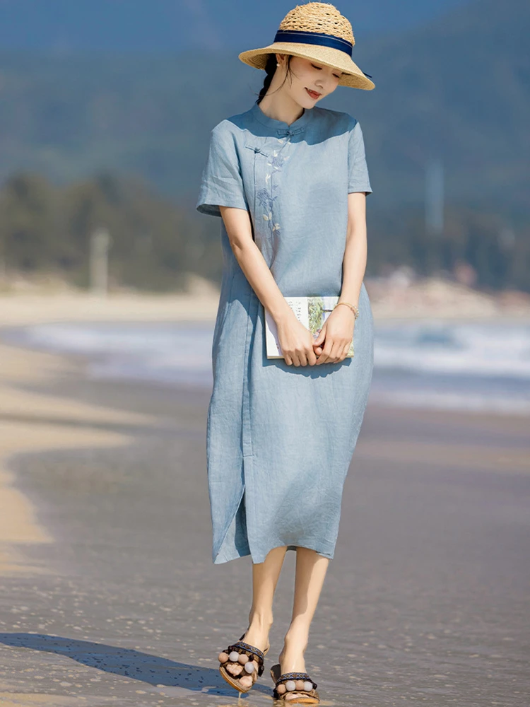 

100% Pure Linen Women Improved Cheongsam Dress 2026 Summer Floral Embroidery Long Dress Chinese Style Casual Qipao Dresses M2737