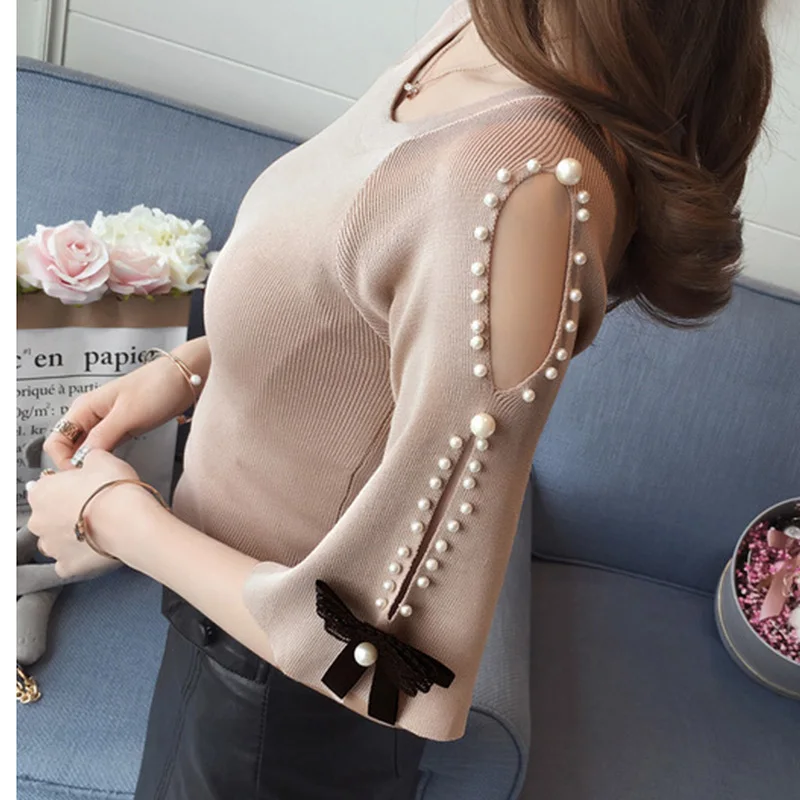 Stylish Loose Knitted Off Shoulder Bow Beading Blouse Female Clothing 2023 Summer New Casual Pullovers Sweet Flare Sleeve Shirt