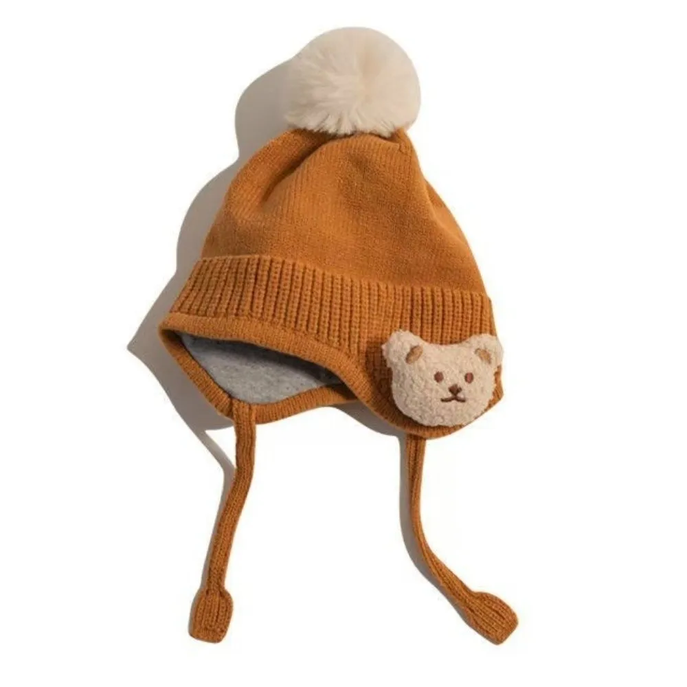 Solid Color Ear Protection Cap Thick Cotton Lining Windproof Bear Earflap Beanie Knitted Crochet Style Warm Knitted Cap