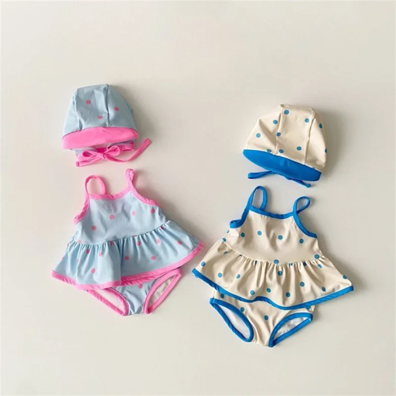 2023 Summer Korean New Kids Children Strap Swimsuit 3 Pcs Baby Cute Dots Print Swimwear for Girls Bikini Suit 1-5Years