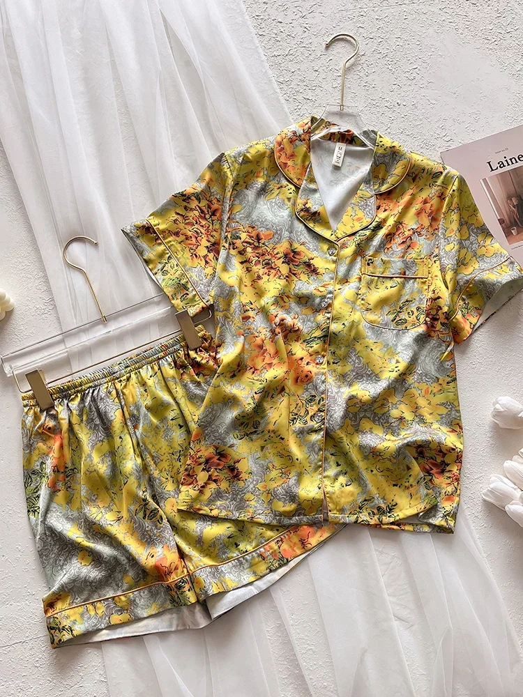 New Orange Silk Pajama Thin Countryside Home Clothes Short Sleeve Shorts Long Pants Set