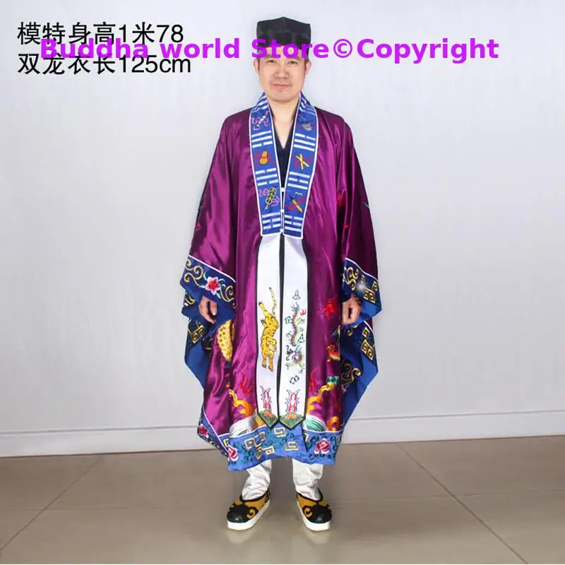 Wholesale Buddhist Taoism supplies Temple Taoist abbey priest monk Auspicious Double Dragon Embroidery Costume purple robe