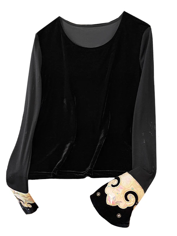 Ele chino Sle bordado oro terciopelo largo Sve redondo Ne camiseta mujer otoño Faion alta gama Base irt tendencia...