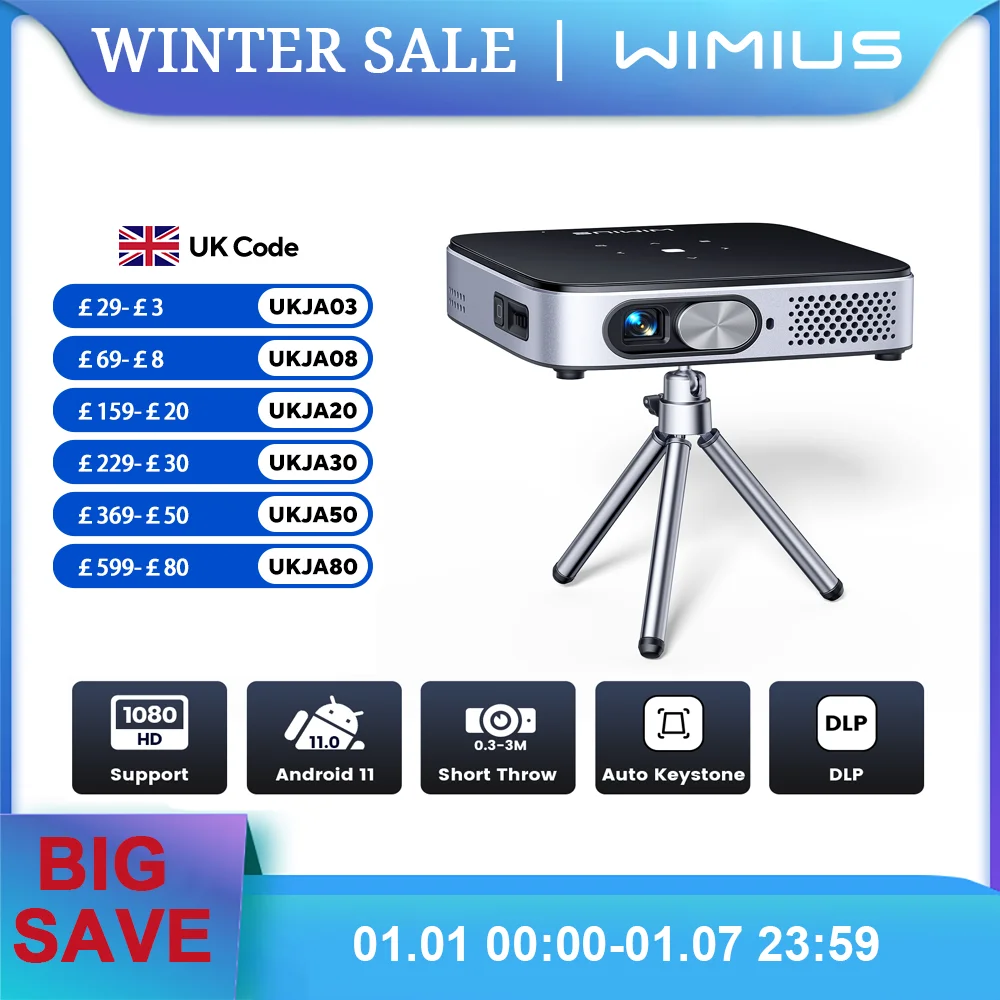 WiMiUS Mini Projector Android 11.0 DLP Projector Rechargeable Ultra Short Throw WiFi Bluetooth Projector FHD 1080P Support