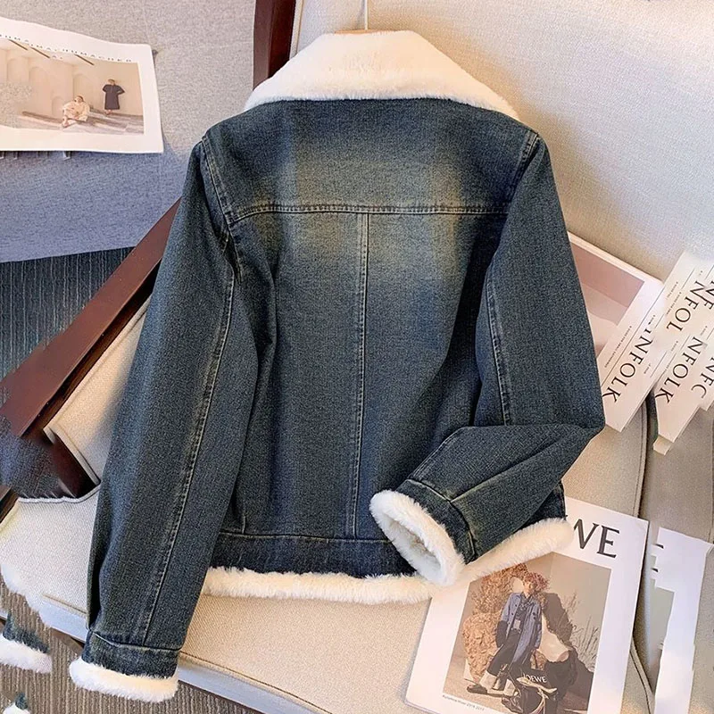 Thicke Denim Jackets Women's Outwear 2024 Autumn Winter New Vintage Faux Fur One Lambskin Jeans Jacket Warm Parker Coat