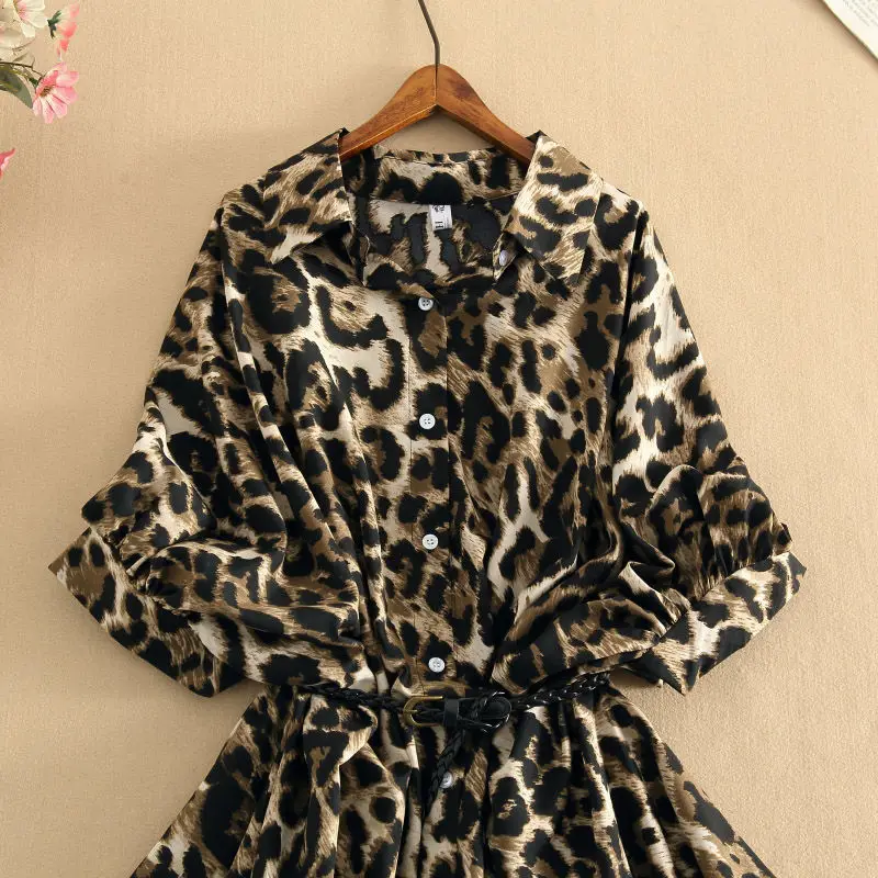 Sweet Leopard Button All-match Chiffon Shirt Spring Summer 2023 New Polo-Neck Short Sleeve Slim Cardigan Blouse Women's Clothing