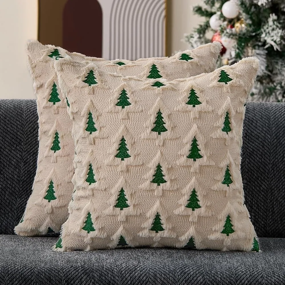 Embroidered Throw Pillow Covers 18x18 Inch Christmas Tree Tufted Pillow Covers Soft Cozy Texture 3D Decorative Pillowcase
