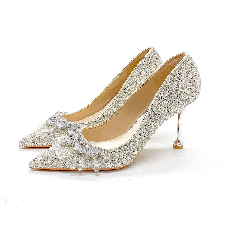 Bridal Shoes Wedding Dress Silver French High Heels Crystal Tassels Female 2024 Crystal Shoes Not Tiring Foot Bridesmaid Shoes