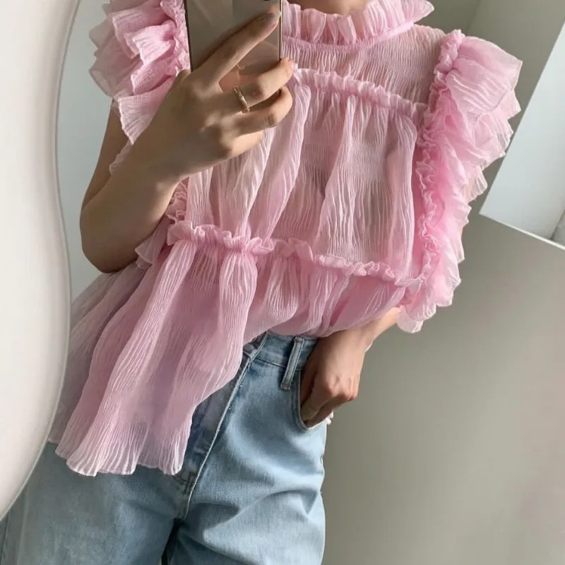 Sweet Chic Ruffles Shirts & Blouses Flying Sleeve Women 2024 Blusas Sleeveless Ropa Mujer Loose Camisas Korean Style Blusa