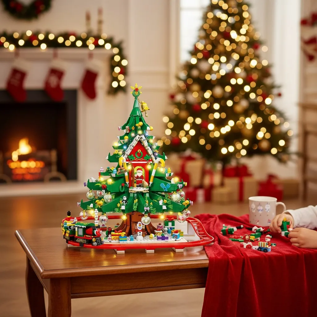 OUZEY MOC بيت شجرة عيد الميلاد مع مسار قطار السكك الحديدية اللبنات سانتا كلوز كوخ الشتاء الثلوج المقصورة لتقوم بها بنفسك لعبة للأطفال #3