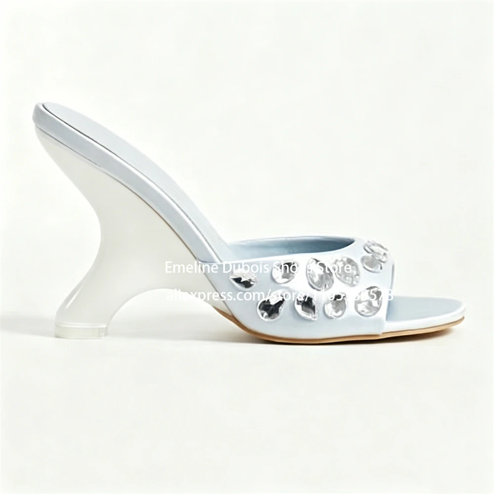 

Satin Rhinestone Studded Sculptural Heel Sandals Open Round Toe Slip on High Heel Mules Elegant Party Wedding Women Dress Shoes