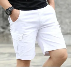 Summer White Multi-pocket Shorts Men's Working Casual Knee Length Pants Trend Loose Large Size Straight Pants