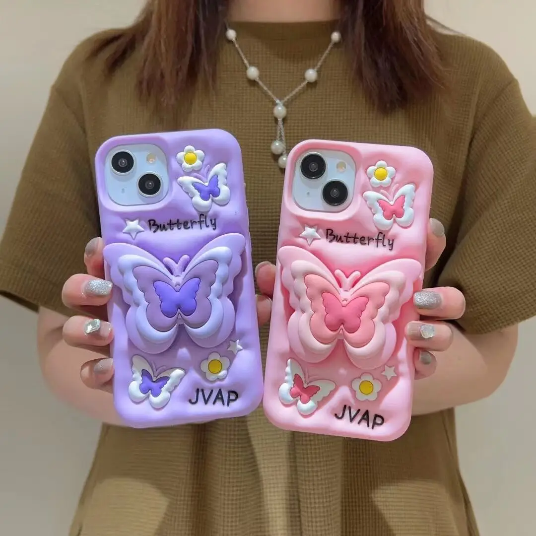 

Lovely 3D Butterfly Folding Stand Bracket Phone Case For iPhone 16 Pro Max 13 14 15 11 12 X XR XS Max Soft Silicone Back Cover