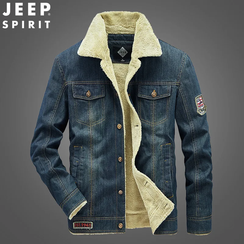 JEEP SPIRIT autumn winter Denim Jacket men plus velvet thick fashion casual warm and cold-proof high-quality coat clothes