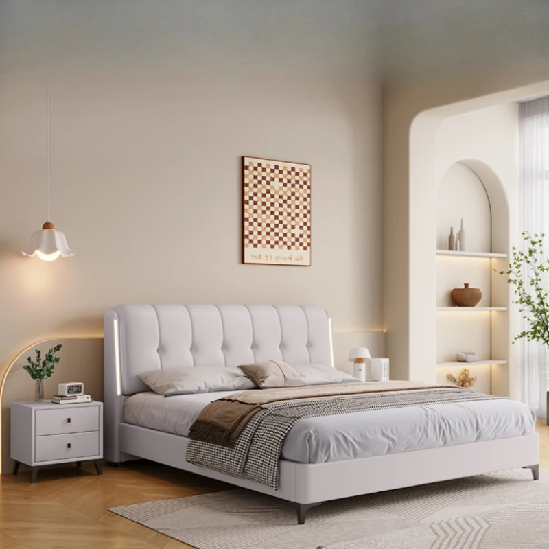 High End Double Bed Frame Modern Master Cute King Bedroom Bed Frame White Modular Genuine Leather Cama Box Casal Room Furniture