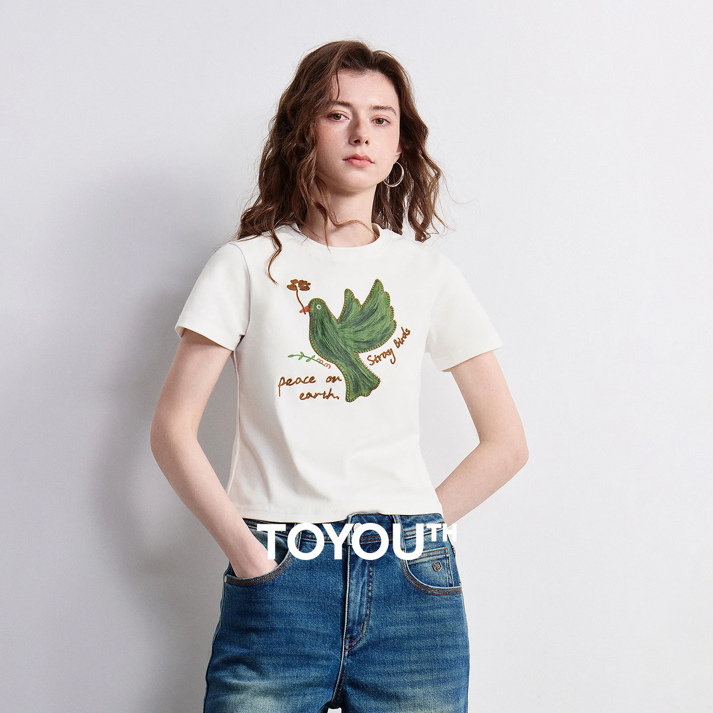 TOYOUTH Women T-shirt 2026 Summer New Cotton Short Fitting Flower Bird Print Short Sleeved Anti-aging Top