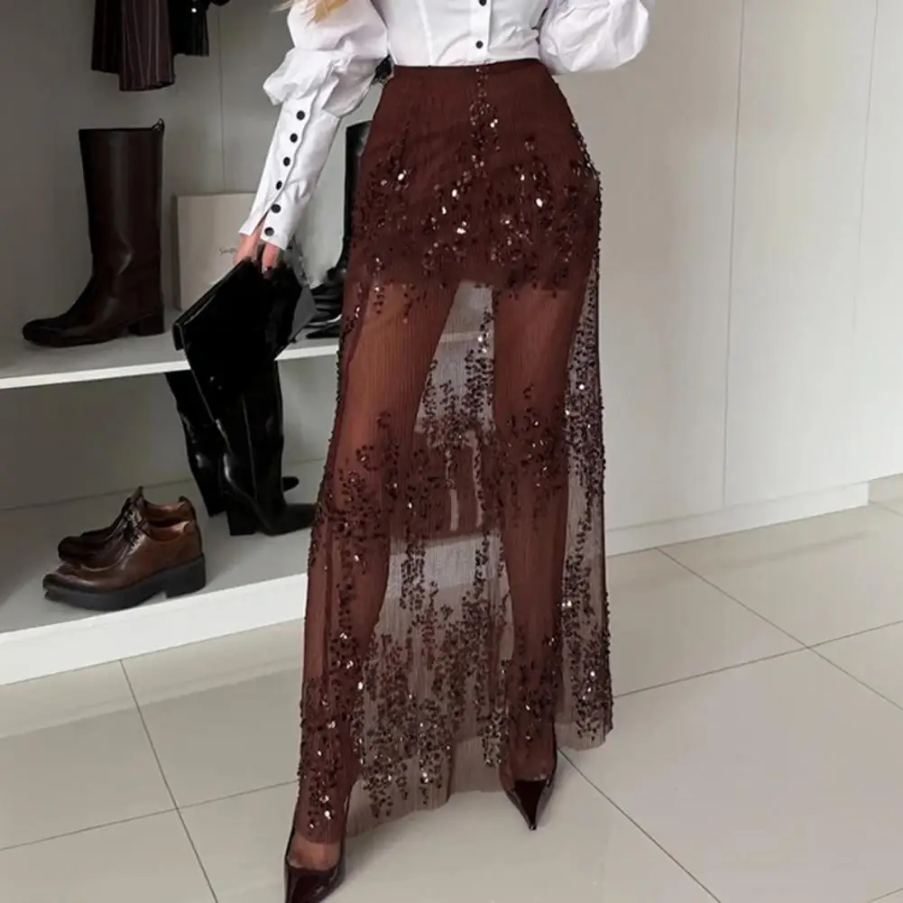Shiny Sequin Women Skirt Elastic High Waist Solid Color Decoration Slimming Leg Shape Maxi Skirt Party Date Skirt