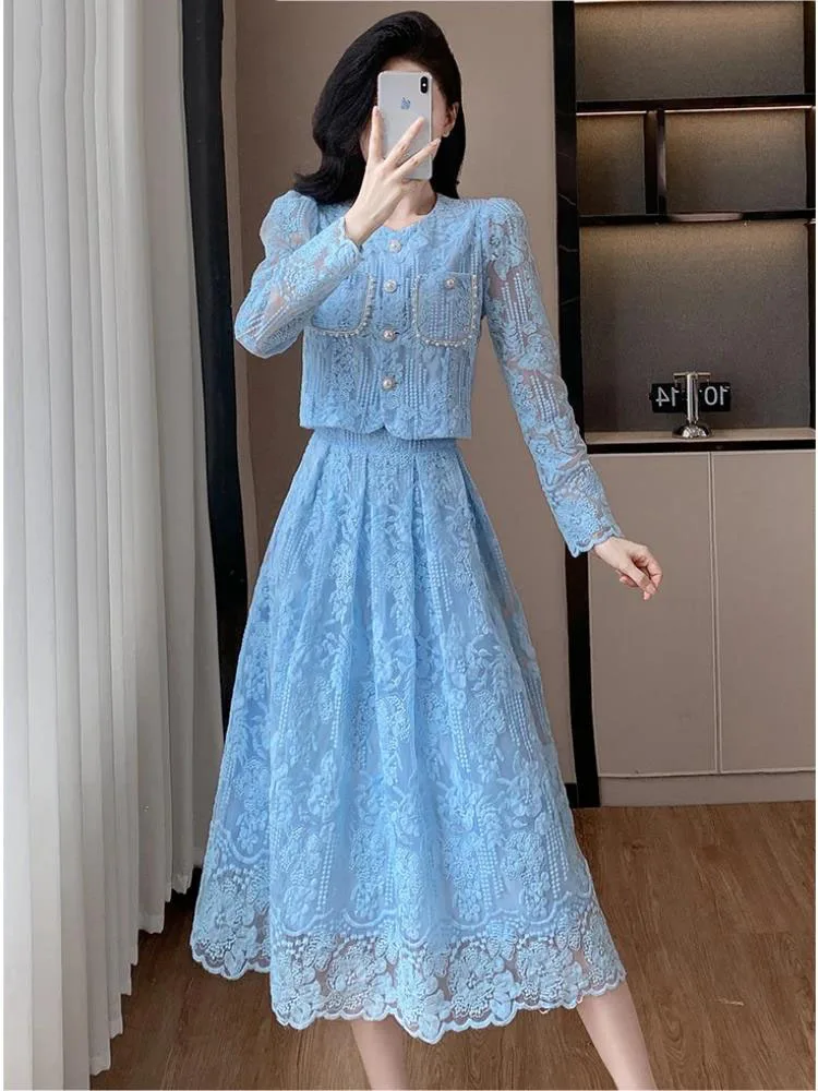 Women Elegant Pearls Shirt Crop Top + Midi Long Skirts 2 Pieces