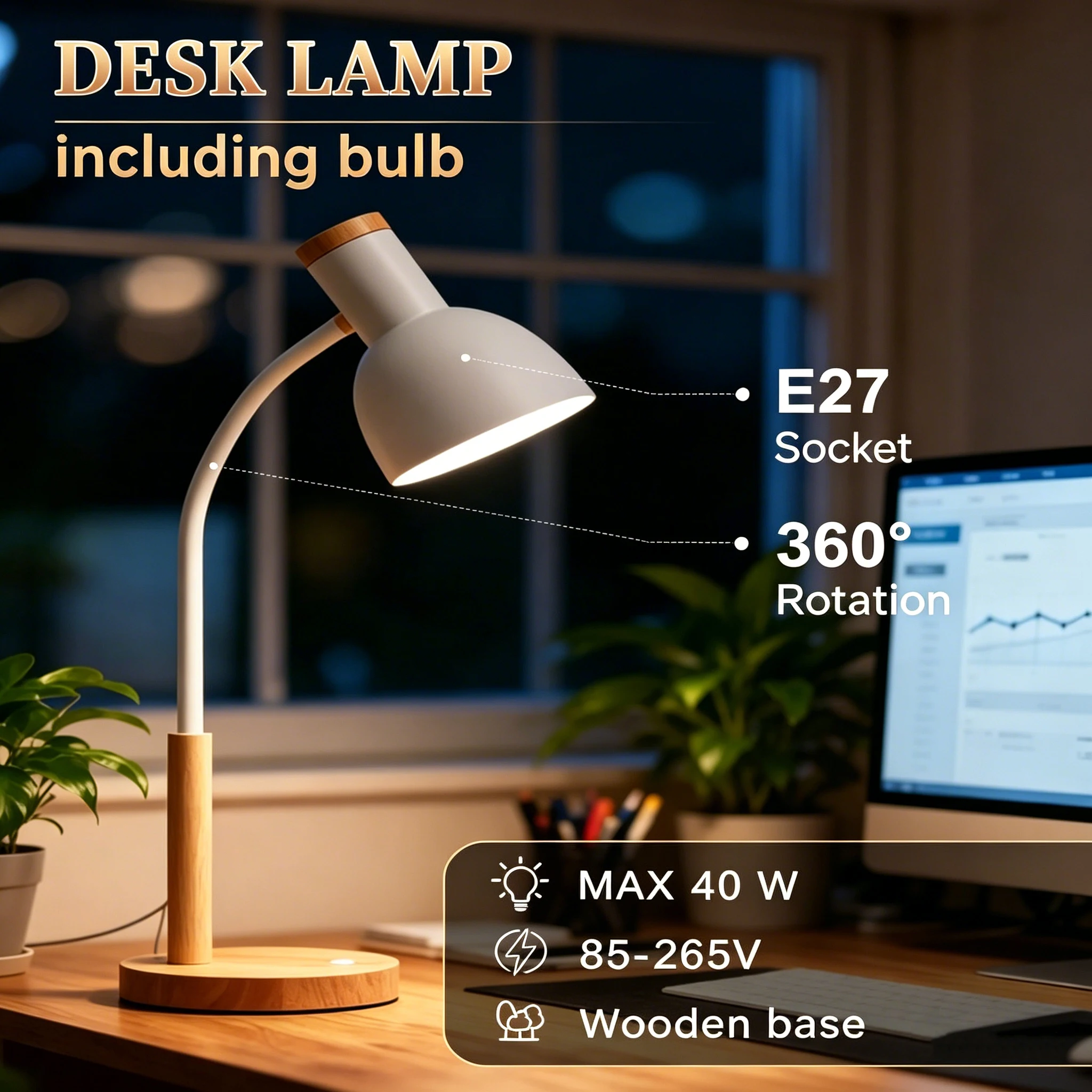 

Настольная светодиодная лампа на деревянной основе со сменной лампочкой E27 для чтения, гостиной, спальни, декоративного освещения рабочего стола, с европейской вилкой