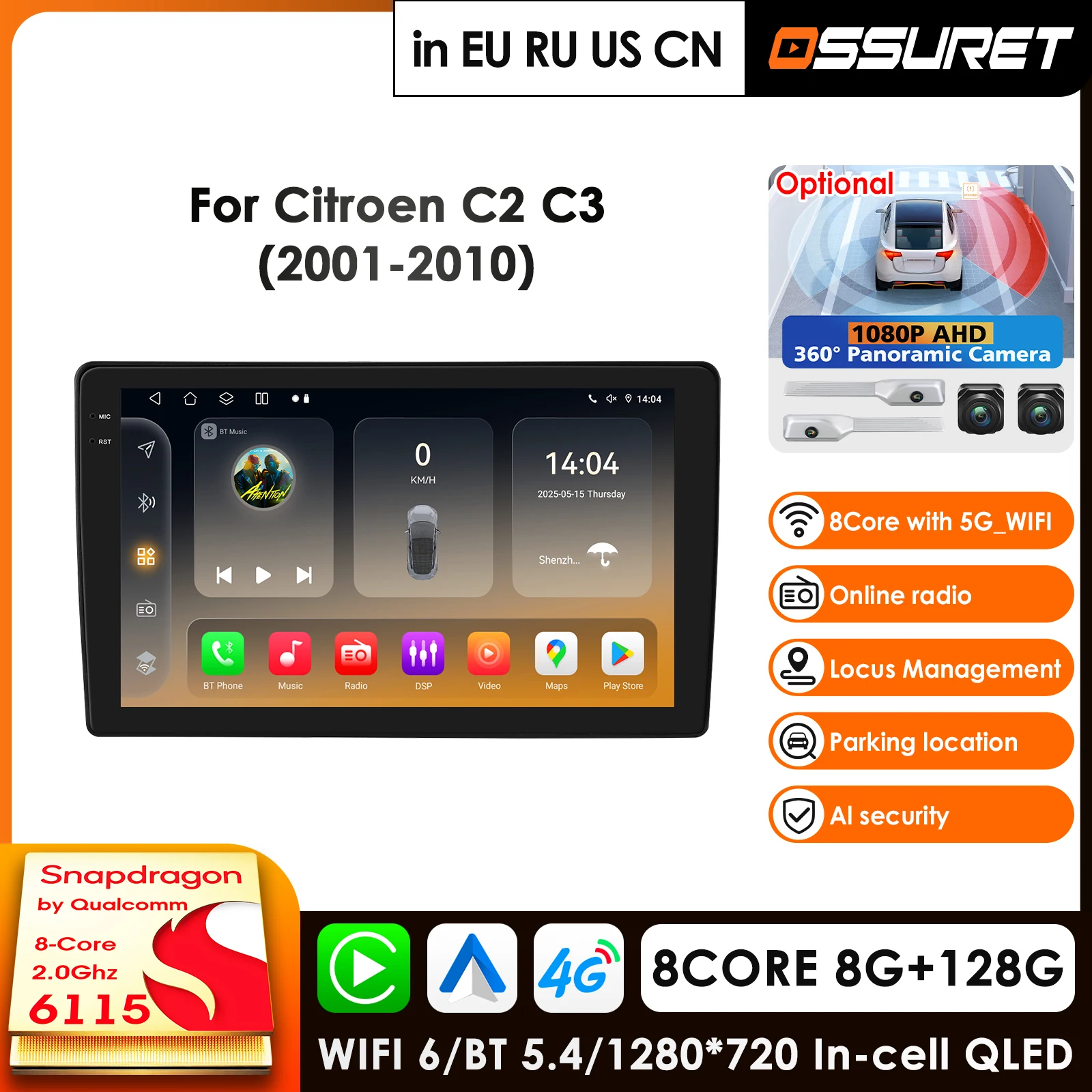

Автомобильный мультимедийный плеер Ossuret 2Din Android 14 для Citroen C2 C3 2001-2010 с GPS, Carplay, 4G, AI-экраном и камерой 360°