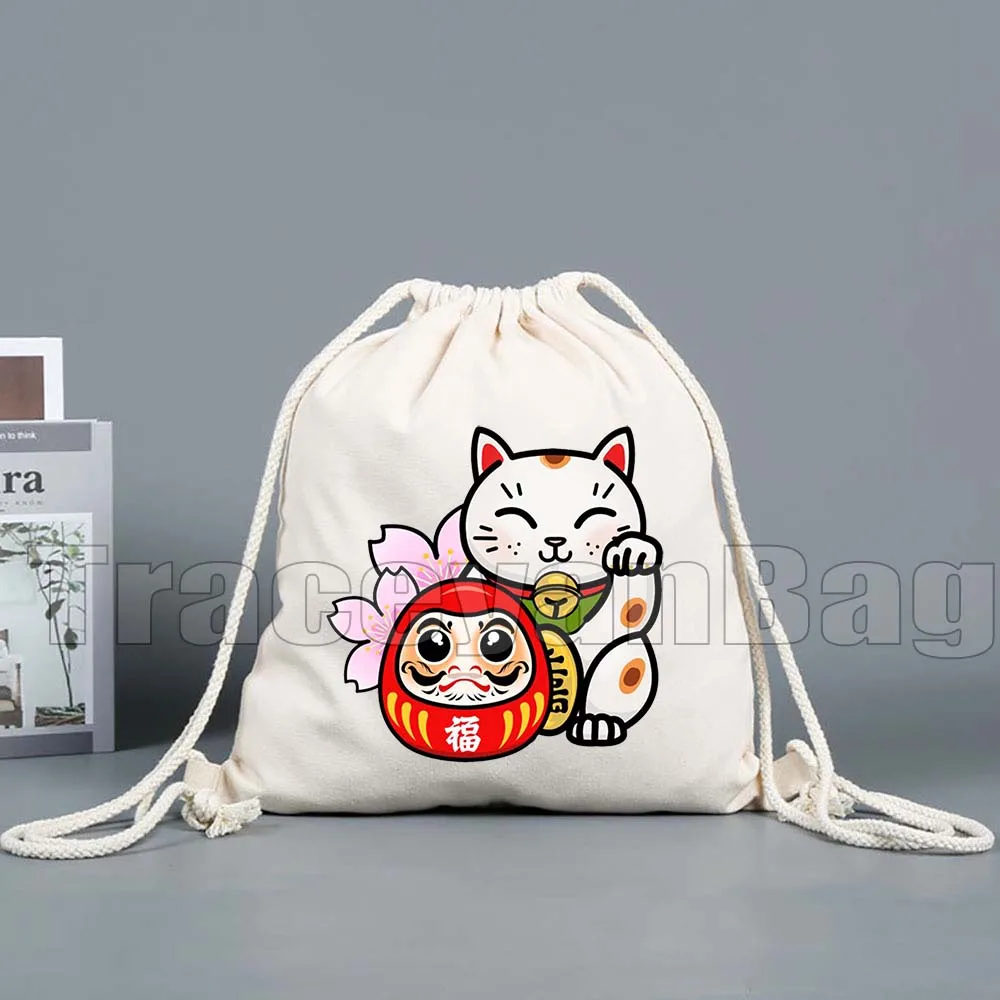 طوكيو Maneki Neko لطيف اليابانية محظوظ القط جبل فوجي جنبان نمط طباعة قماش الرباط أكياس كرة القدم على ظهره رياضة اليوغا Sackpack #2