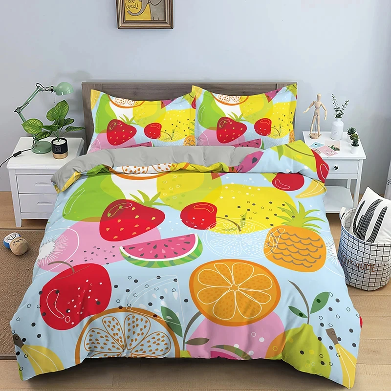 Orange Duvet Cover Twin King,Kawaii Fruit Bedding Set Orange Comforter Cover for Girls Women Room,Tropical Botanical Quilt Cover