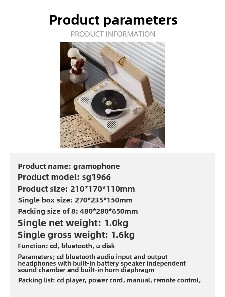 Odtwarzacz CD w stylu retro, z wbudowanym głośnikiem Bluetooth i odtwarzaczem albumów, lekki luksusowy, kreatywny prezent dla studentów.