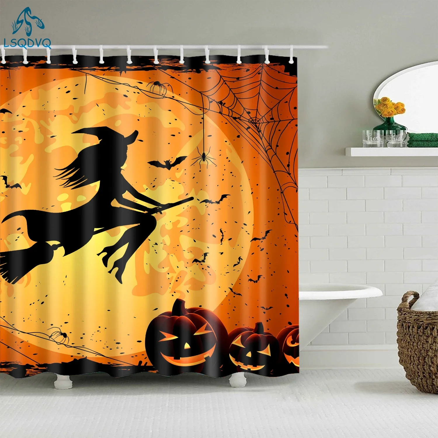 Happy Halloween Cartoon Wizard Pumpkin Shower Curtains Living Room Decoration Screen 3D Bath Curtain Bathroom Curtain with Hooks