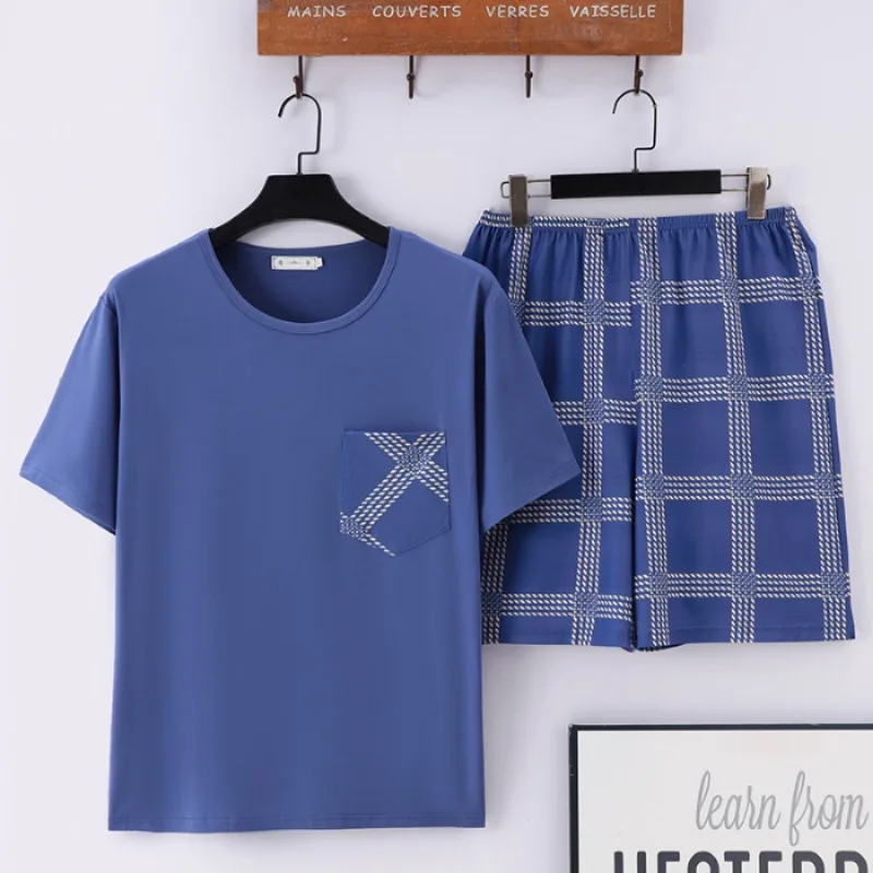 

Men Pajamas Short Sleeve Shorts Cotton Summer Thin Plus Size Teen Loungewear Round Neck Pullover Plaid Shorts Easy Wash Pajamas